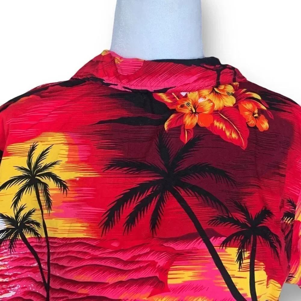 Vintage Palmwave‎ Hawaii Shirt Fuchsia Pink Sunset Surfer Tropical Floral Print
